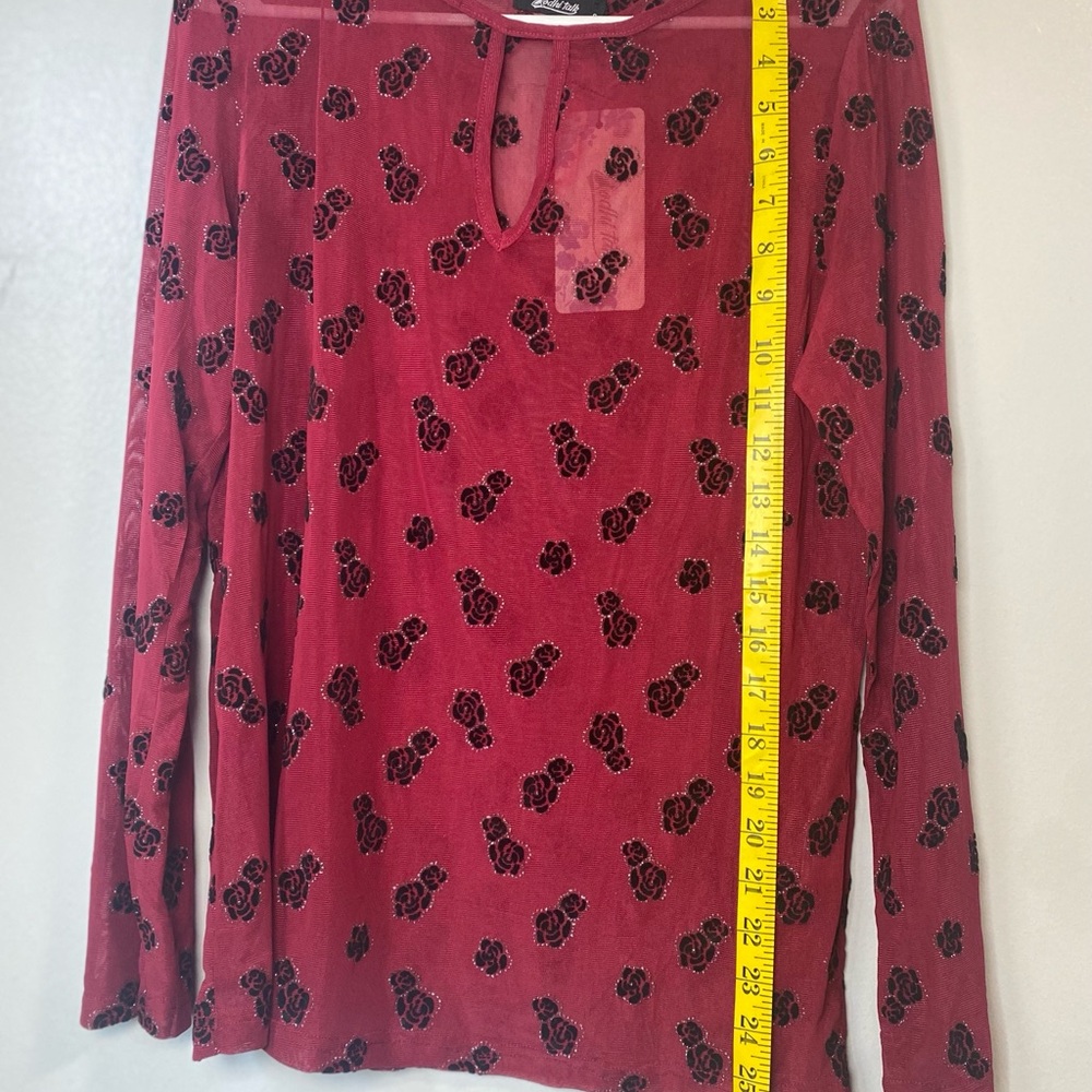 Dark Red Sheer Mesh Blck Floral Rhinestone Long Sleeve Top Y2K Vintage Small - Picture 7 of 7